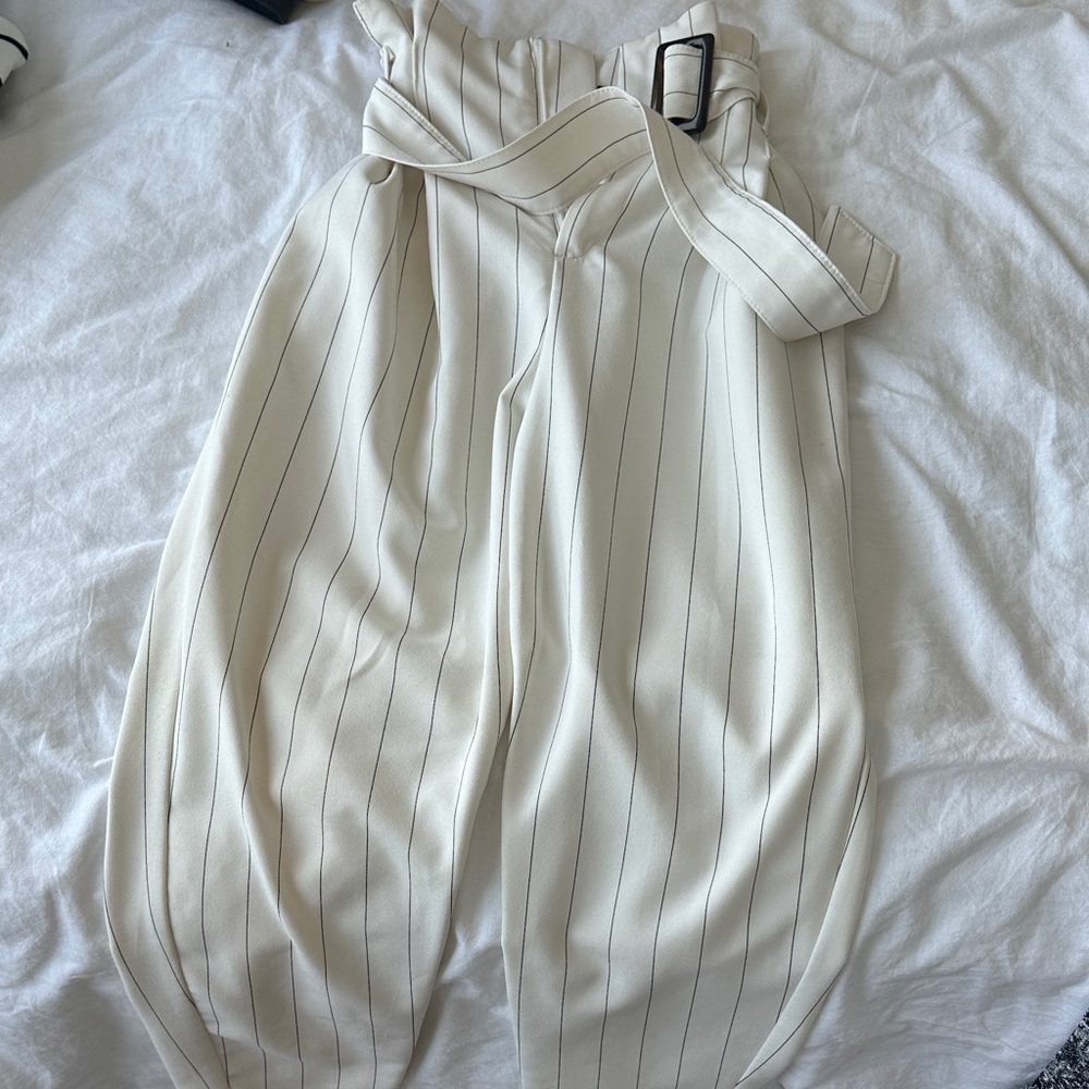 Bershka Cream Striped Belted Trousers